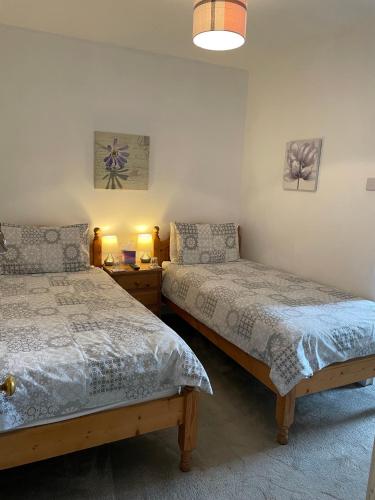 a bedroom with two beds and a lamp at Arkleside Country Guest House in Reeth