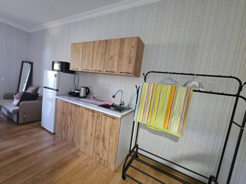 Una cocina con una pequeña encimera y un refrigerador. en Квартира, en Batumi