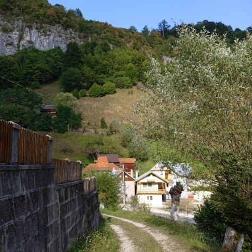 a dirt road next to a wall with a house at Casa Sara in Dîmbovicioara