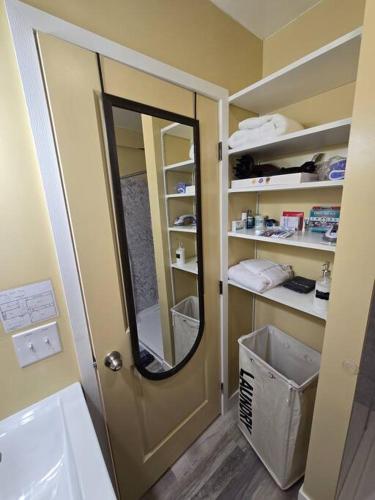 a bathroom with a mirror and a sink and a shower at Peaceful Apartment in Traverse City