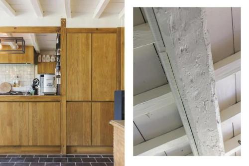 two pictures of a kitchen and a staircase in a house at City Farmhouse and studio in Roeselare