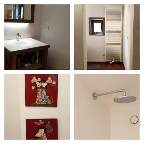 a series of four pictures of a bathroom with a sink at City Farmhouse and studio in Roeselare
