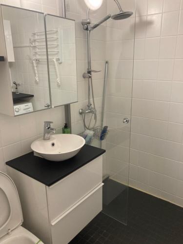 a white bathroom with a sink and a shower at Rovaniemi center apartment in Rovaniemi