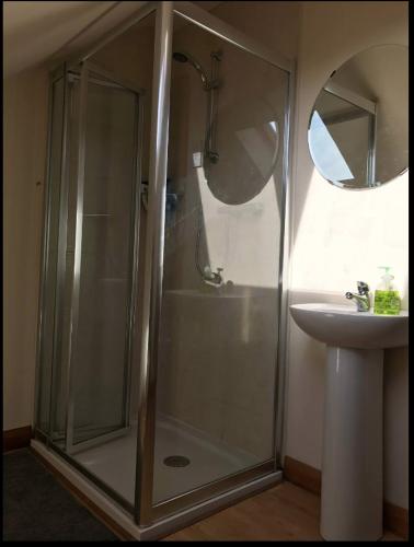 a shower with a glass door next to a sink at Detached loft, stunning city views in Drumbo