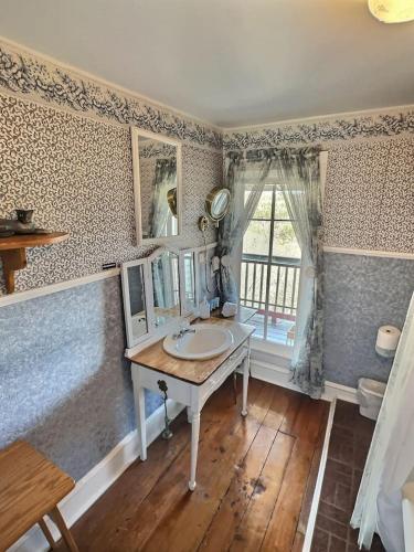 a bathroom with a sink and a mirror at Downtown Parking Room With a View Piedmont in Eureka Springs