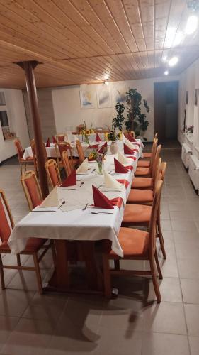 a long dining room with a long table and chairs at Zur Schlinge in Siebenhitz