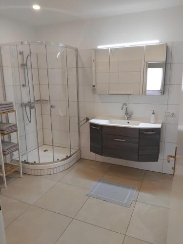 a bathroom with a shower and a sink and a mirror at Apartment Fasching in Deutsch Goritz