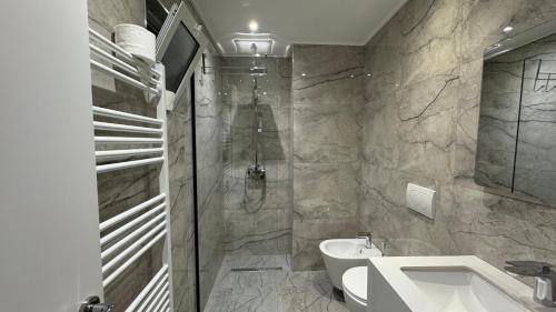 a bathroom with a shower and a sink and a tub at Hotel Bizant in Përmet