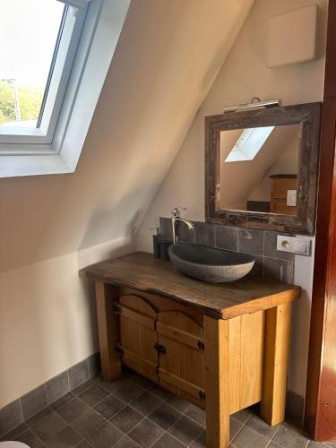 a bathroom with a sink and a mirror at Emma's Lake Houses in Bîrsana