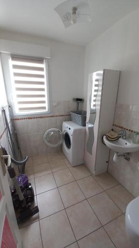 une petite salle de bains avec un lave-linge et un lavabo dans l'établissement Chez Denis, maison à la campagne, à Poilley