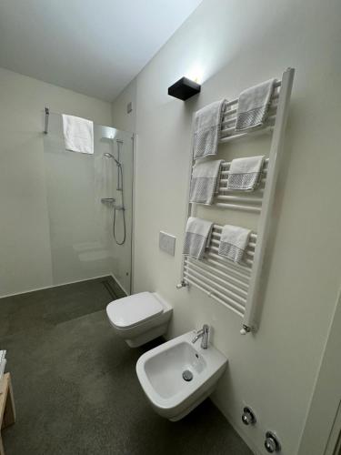 a bathroom with a toilet and a sink and a shower at Agriturismo B&B Caffè e Vino in Sondrio