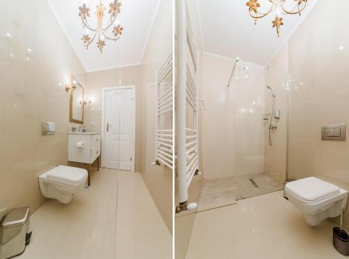 two images of a bathroom with a toilet and a shower at Romantic Jacuzzi Chic Apartment in Sinaia