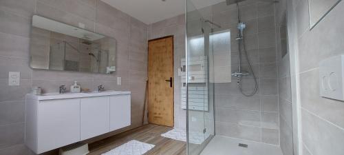 a bathroom with a shower and a sink and a mirror at Villa au calme, tout confort clim piscine wifi 7 personnes in Caunes-Minervois