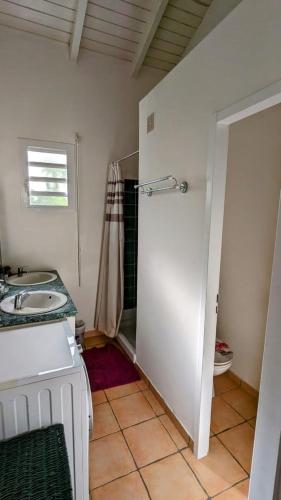 a bathroom with a shower and a sink and a toilet at Villa MIA in Saint-François