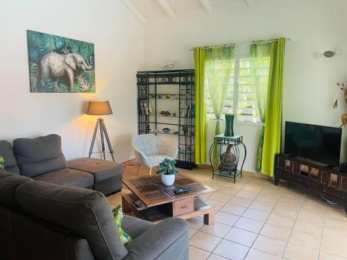 a living room with a couch and a tv at Villa MIA in Saint-François