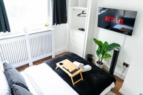 a living room with a couch and a tv at Modern 1 bed apartment in Greenwich - WIFI - NETFLIX and stations nearby in London