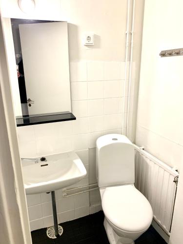 a bathroom with a white toilet and a sink at Yksiö ilmaisella autopaikalla Hillside in Jyväskylä