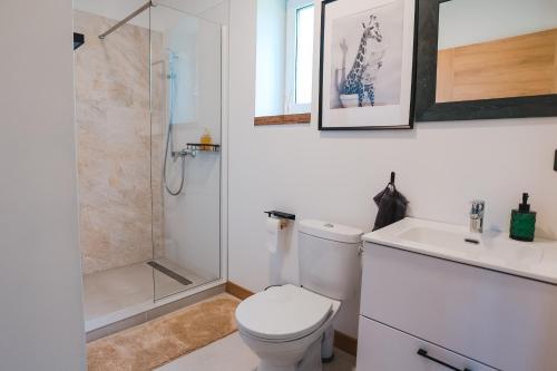 a bathroom with a toilet and a shower and a sink at Home Stay Juniper in Jelgava