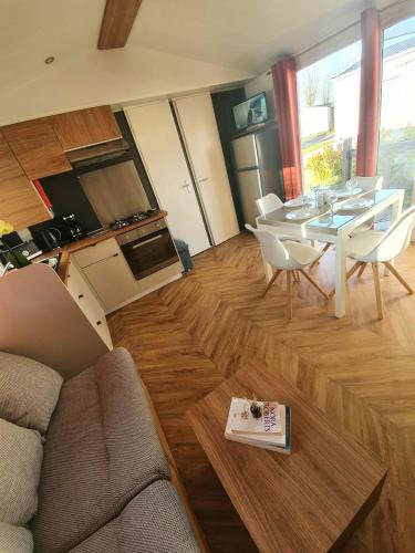 a living room with a couch and a table with chairs at Les flots de Condrieu - VIA -RHÔNA -8 pers, et vue sur Rhône-BBQ in Condrieu