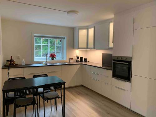 Η κουζίνα ή μικρή κουζίνα στο Moderne og fullt utstyrt 3-rom hageleilighet sentrum nær