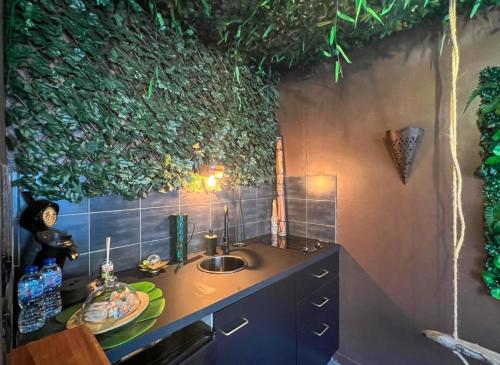 La salle de bains est pourvue d'un lavabo et de plantes murales. dans l'établissement La Tanière de Mowgli - Plage du môle, au Cap d'Agde