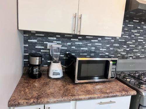 a kitchen counter with a microwave and a blender at Depas & suites TOSVA in San Antonio