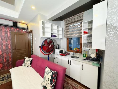 sala de estar con sofá rosa y cocina en The New Season Apart, en Estambul