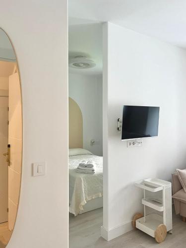 a room with a mirror and a bed and a tv at El Jardín de María Luisa Suites in Burgos