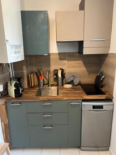 una cocina con fregadero y encimera en New Cosy Home, en Nogent-sur-Marne
