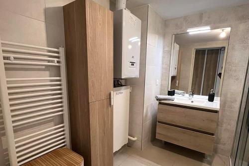 La petite salle de bains est pourvue d'un évier et d'un réfrigérateur. dans l'établissement Charmant 2 pièces avec belle terrasse à Valbonne, à Valbonne