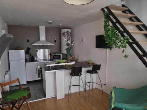 une cuisine avec un comptoir et des tabourets dans une pièce dans l'établissement Tournus Castrum Romain - Duplex 54 m2 - 3 Étoiles - petit box vélo - 5mn Autoroute, à Tournus