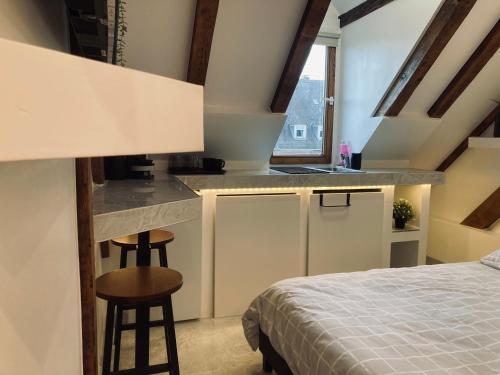 une chambre avec un lit, une table et des chaises dans l'établissement Petit nid sympa a Strasbourg, à Strasbourg