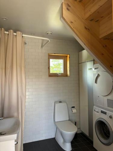 a bathroom with a toilet and a washing machine at Wonderful barn cabin in Järvsö Harsa in Järvsö