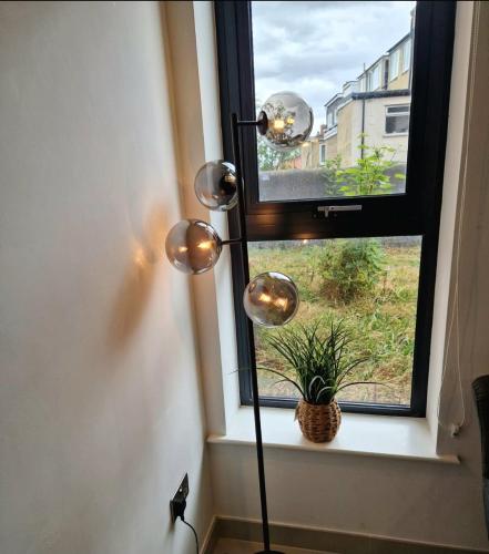 a floor lamp in front of a window with a plant at En-suites Suites - Leeds City Retreat with Kitchenette- LGI Hospital- Free 5G WIFI & Netflix- University - Contractors - Short Stays in Leeds
