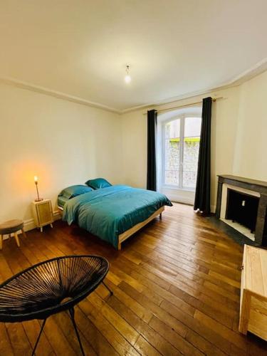 une chambre avec un lit et une cheminée dans l'établissement T3 Charmant, à Limoges