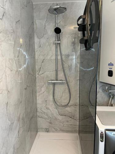 une salle de bain avec une douche avec une porte vitrée dans l'établissement Green home Paris Disneyland, à Chalifert