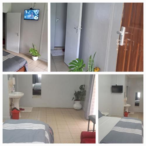 a collage of images of a room with a bed and a bathroom at Palmview studio in Eldoret