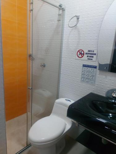 a bathroom with a toilet and a shower and a sink at Hotel Perla Azul Boutique in Girardot