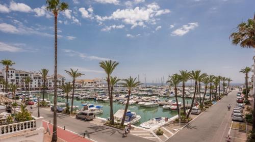 a marina with boats in the water and palm trees at Small Oasis #3 in Manilva