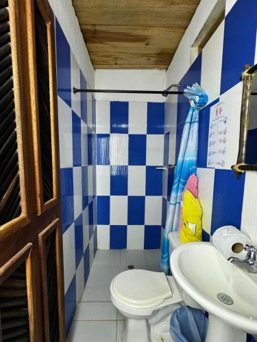 a blue and white bathroom with a toilet and a sink at Hostal Nibuni Palomino in Palomino