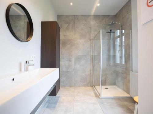 a bathroom with a shower and a sink and a mirror at Achter de Hegge in Riemst