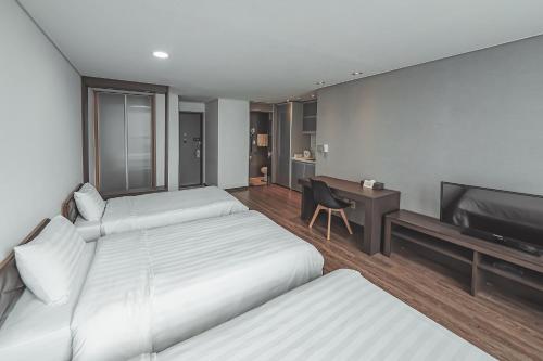 Μια τηλεόραση ή/και κέντρο ψυχαγωγίας στο Brown Suites Hotel Sinchon Central