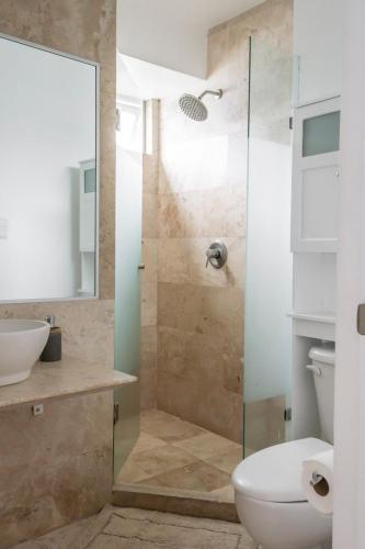 a bathroom with a shower with a toilet and a sink at Cozy & Stylish apartmen @ New Polanco 3bed/2.5bath in Mexico City