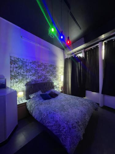 - une chambre dotée d'un lit avec des lumières violettes dans l'établissement Love room Paris, à Paris