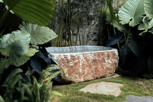 a stone bath tub sitting in a garden at Baba Yaga Atitlan in San Marcos La Laguna