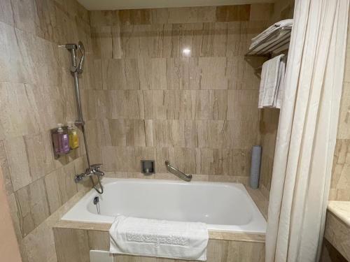 a bath tub in a bathroom with a shower at Chuto Plaza Hotel in Taoyuan