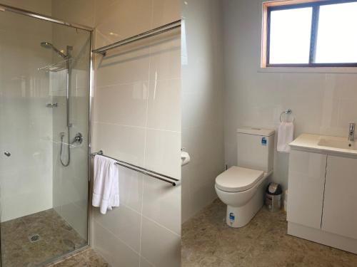 a bathroom with a shower and a toilet and a sink at Island Views in Manyana