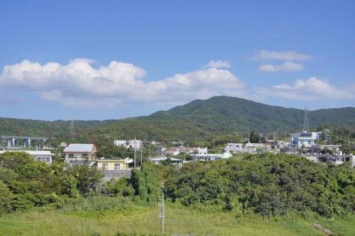 a view of a city with a mountain in the background at CondoYumangi in Onna