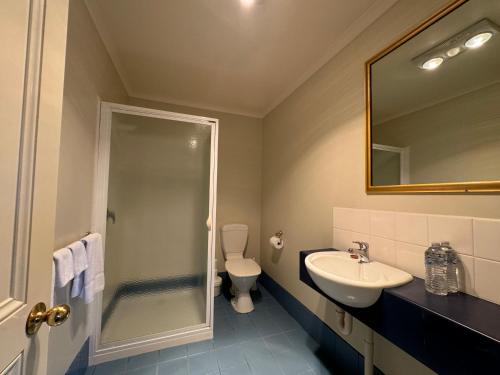 a bathroom with a shower and a sink and a toilet at Douglas Riverside in Port Fairy
