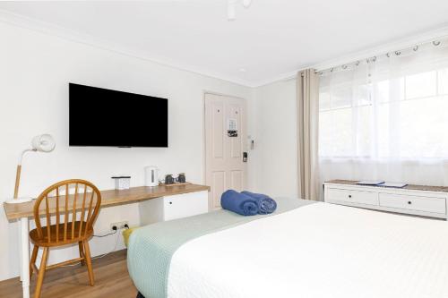 a bedroom with a bed and a desk and a television at Observatory Guesthouse - Adults Only in Busselton